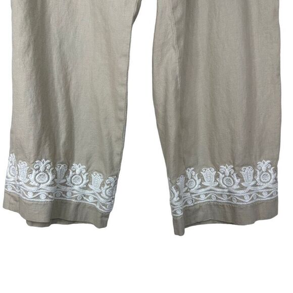 Talbots Tan Linen Blend Boho Embroidered Capri Pants Womens 14 Casual Summer - Picture 4 of 9